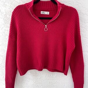 Hollister Knit Partial Zip Boxy Fit Cropped Sweater in Red XS/S